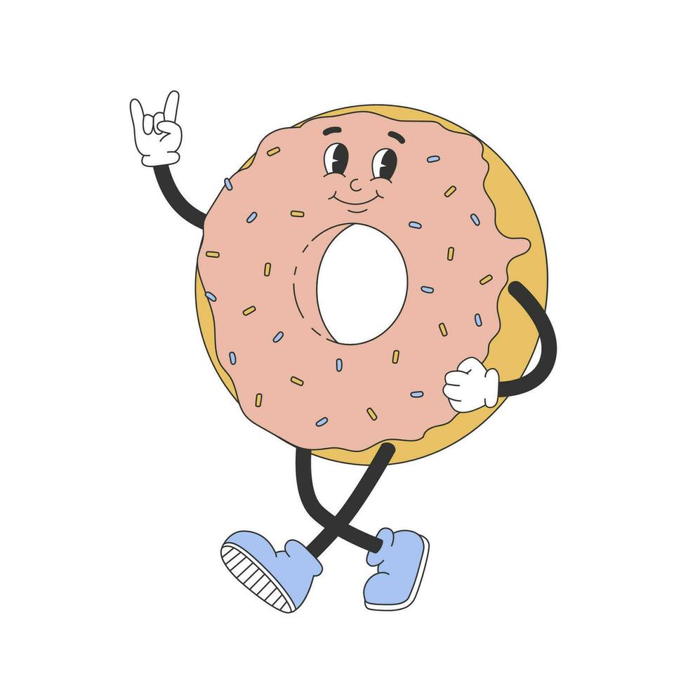 Groovy hippie donut walking. Cartoon character in trendy retro style. vector