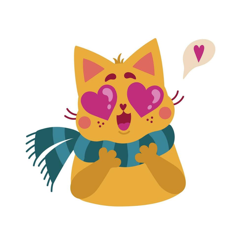 gato en amor con ojos en el forma de corazones, vector icono. linda rojo gatito en un a rayas verde bufanda. el mascota siente compasión. gracioso brillante animal para San Valentín día. aislado plano dibujos animados clipart