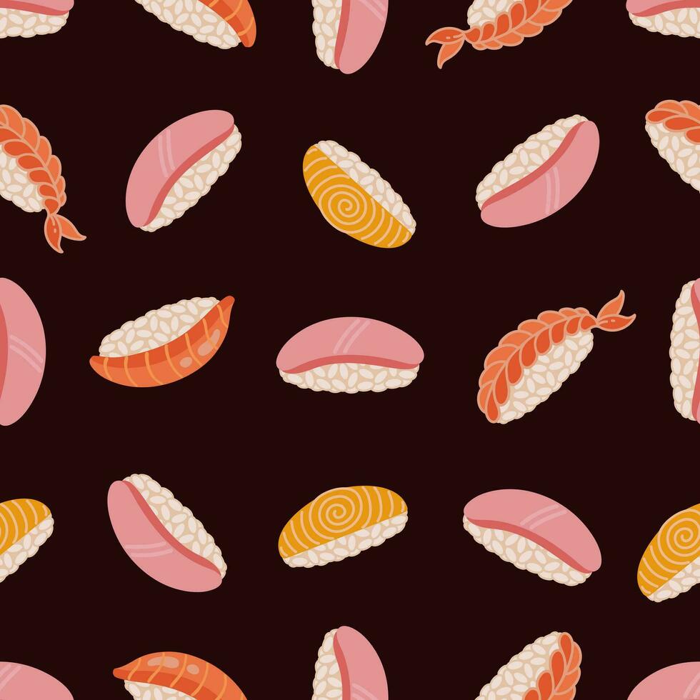 Fresh nigiri seamless vector pattern. Japanese sushi with rice, salmon, tuna, shrimp, tamago omelette. Traditional Asian fish rolls, seafood appetizer on a dark background. Flat cartoon illustration