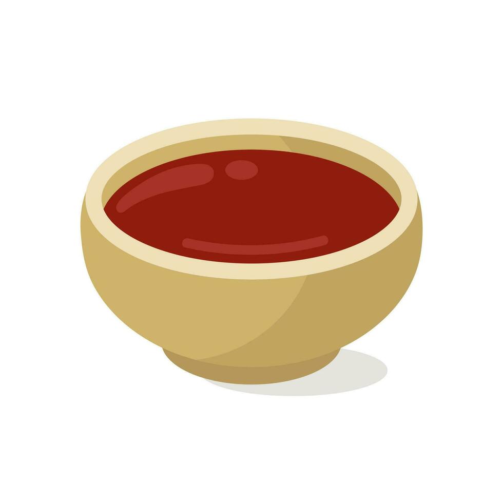 Soy sauce in a saucer, vector icon. Salty fermented seasoning in a wooden bowl. Delicious Japanese condiment for sushi, rolls. Illustration isolated on white. Flat cartoon clipart for posters, print