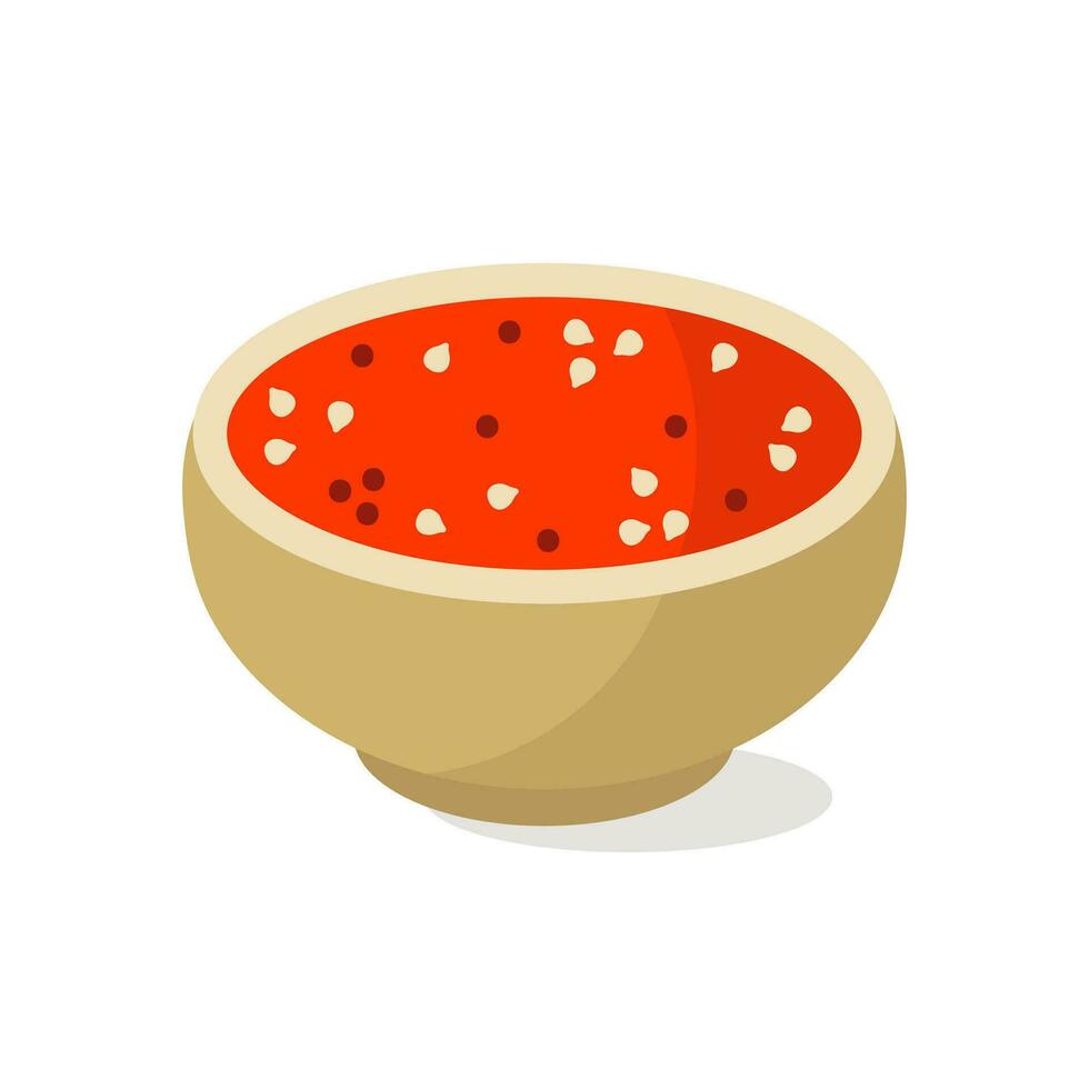 Spicy sriracha sauce, vector icon. Hot Asian seasoning with chili peppers, garlic, herbs. Tasty red gravy in a wooden saucer. Flat cartoon isolated clipart for menu, fast food, delivery, print, web