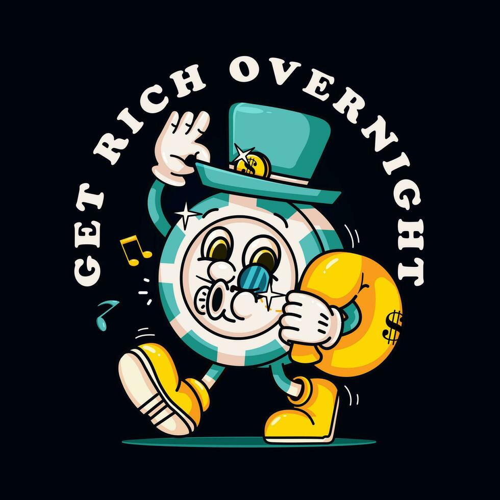 Poker chip coin mascot character with a hat carrying a bag of money. Suitable for logos, mascots, t-shirts, stickers and posters vector