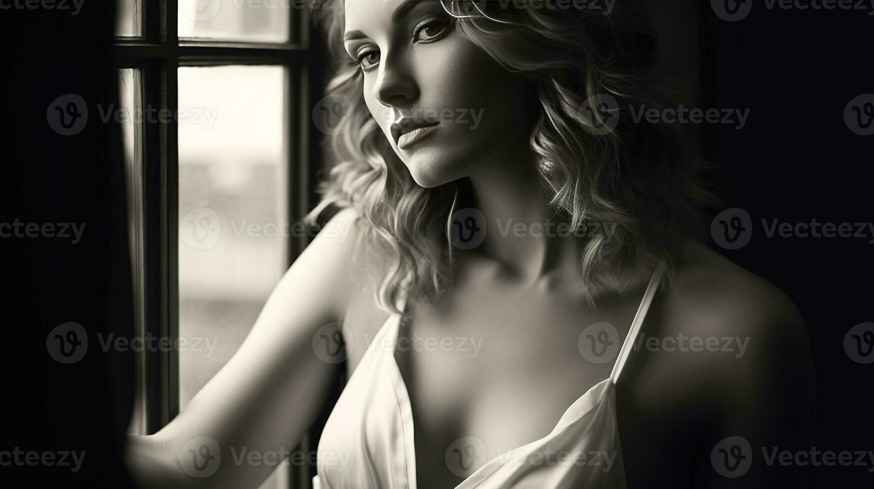 Black and white photo of a beautiful confident and modern woman sitting in a big open window in an old building looking outside. Generative AI