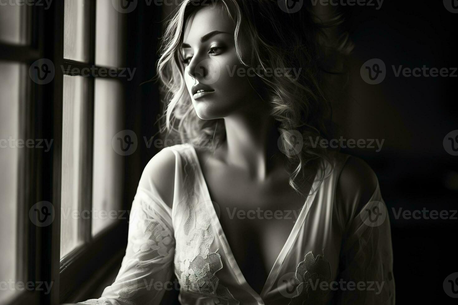 negro y blanco foto de un hermosa confidente y moderno mujer sentado en un grande abierto ventana en un antiguo edificio mirando afuera. generativo ai