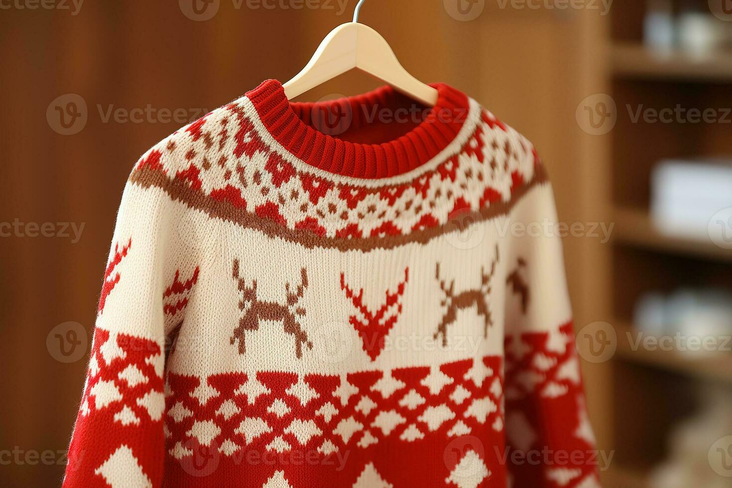 Cozy white women sweater with red deer knit pattern. Long-sleeved, knitted sweater for women and family. Generative AI photo