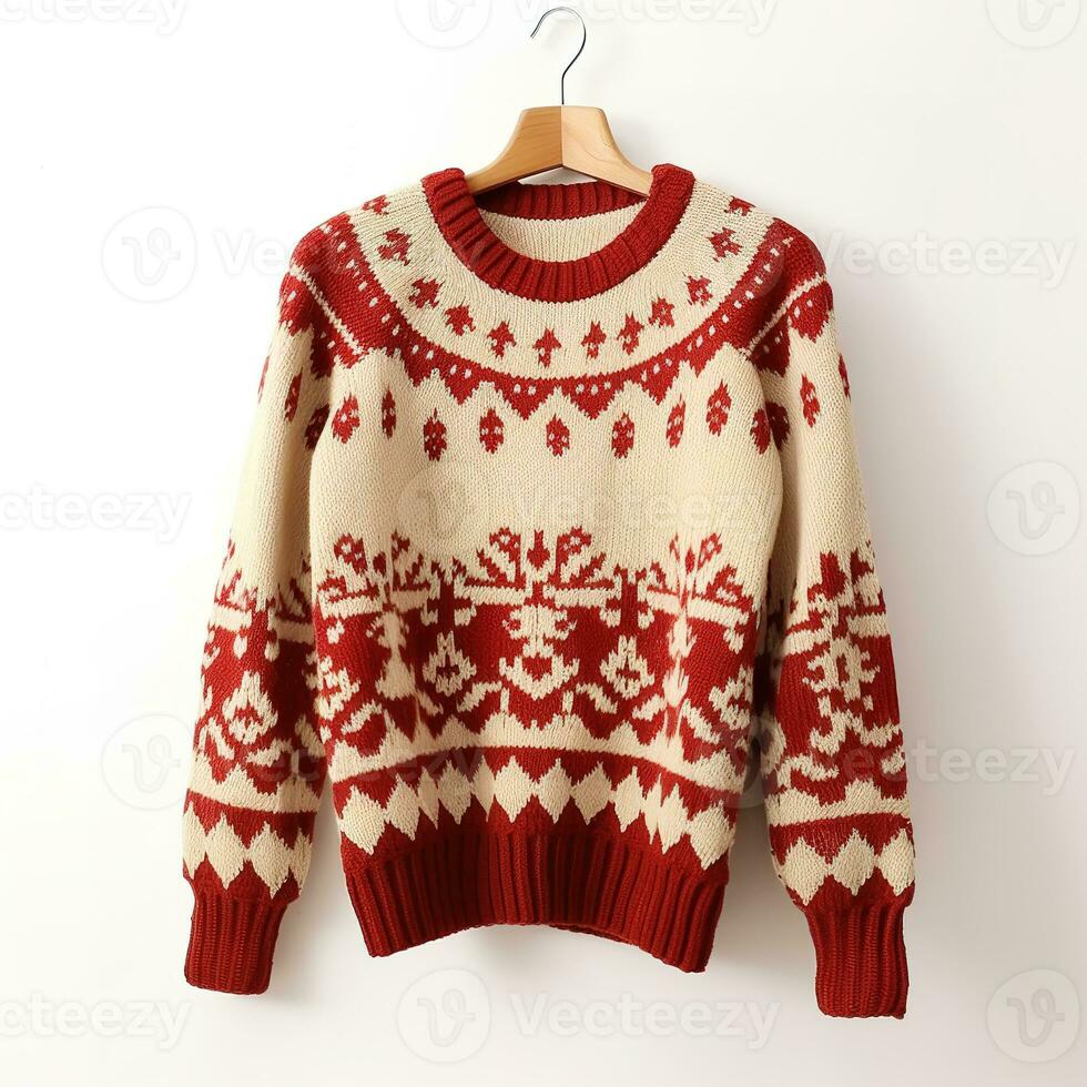 acogedor blanco mujer suéter con rojo ciervo tejer modelo. manga larga, de punto suéter para mujer y familia. generativo ai foto