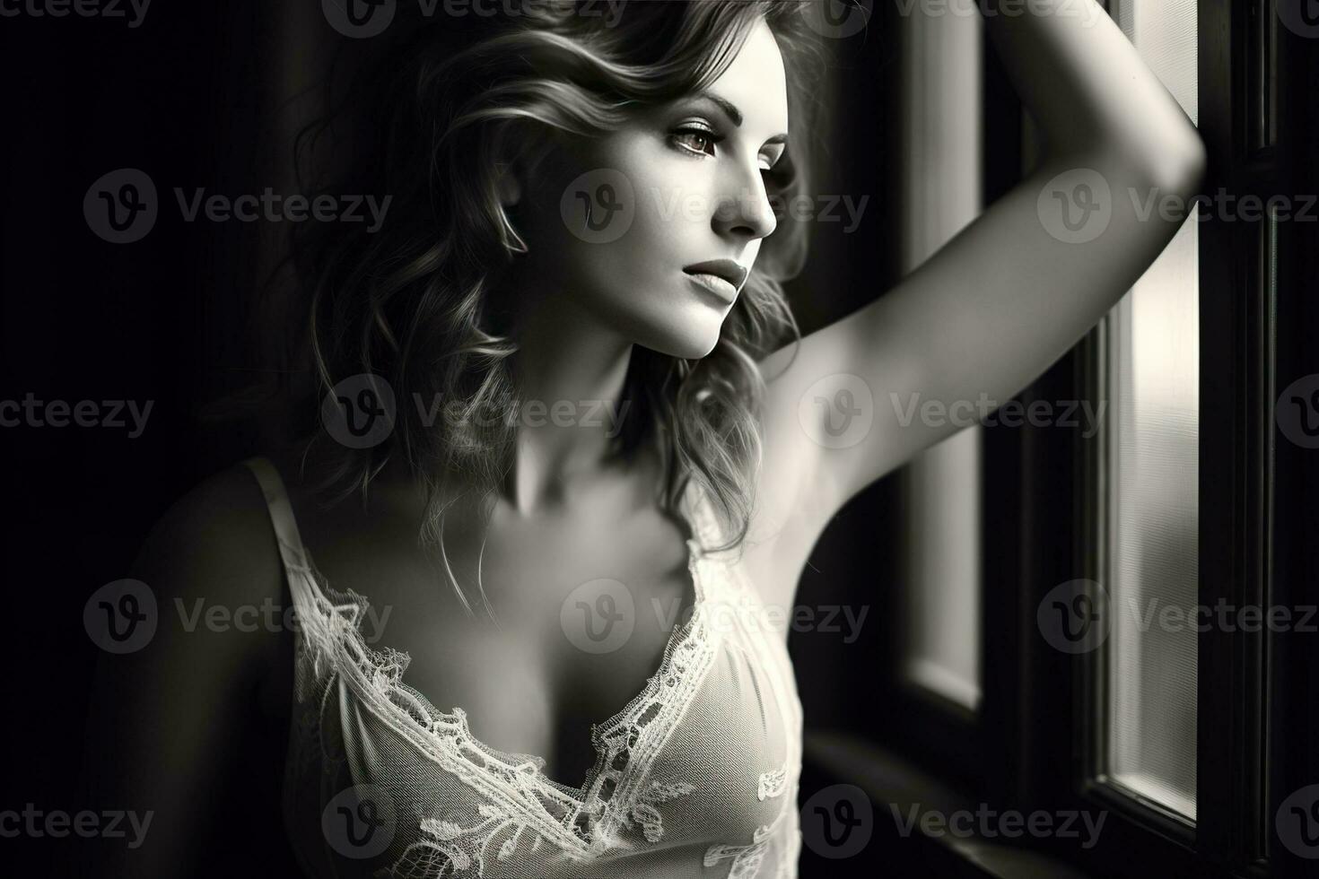 Black and white photo of a beautiful confident and modern woman sitting in a big open window in an old building looking outside. Generative AI