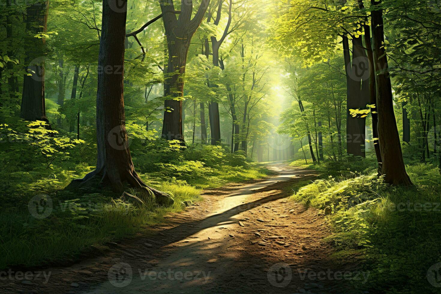 Winding dirt road beckons into a verdant forest, where sunlight dances through a canopy of towering trees. Generative AI photo