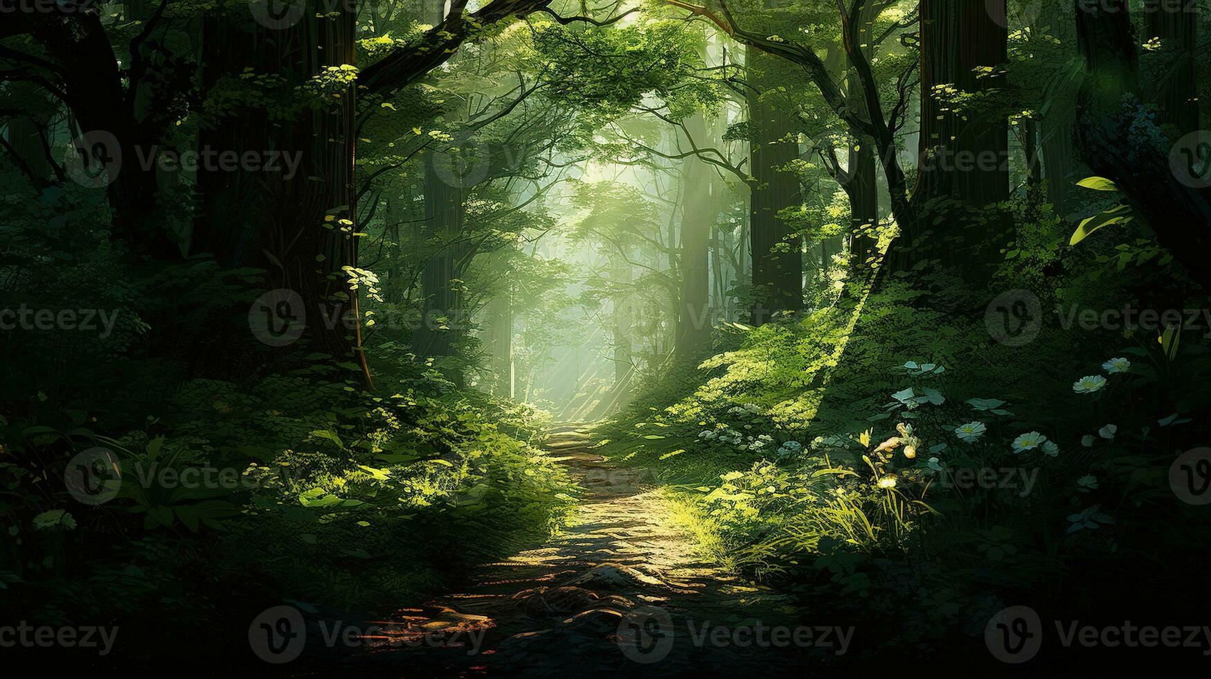 Winding dirt road beckons into a verdant forest, where sunlight dances through a canopy of towering trees. Generative AI photo