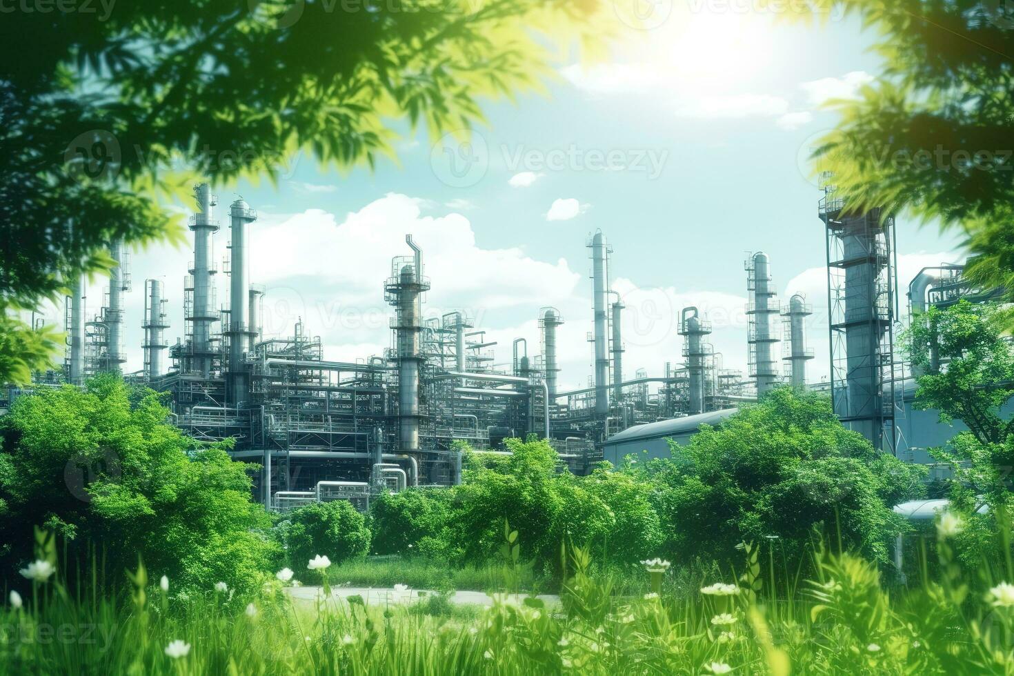 Chemical industrial plant surrounded by green trees and blue sky on a summer day. photo