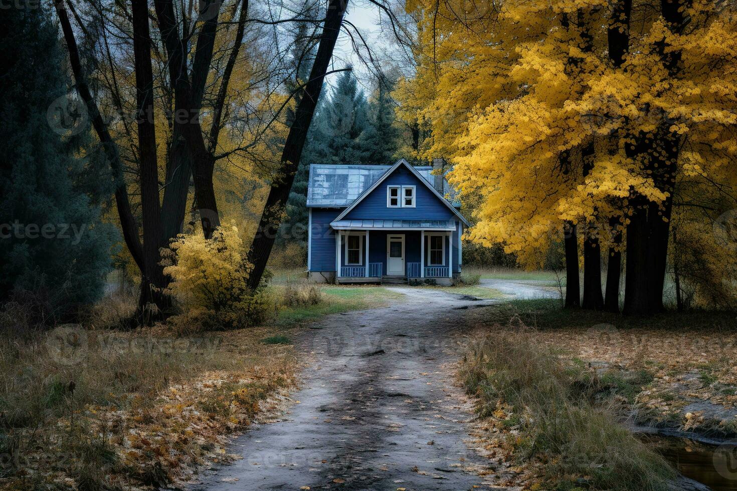 pequeño casa en el medio de un lozano otoño bosque. el casa es rodeado por alto arboles y helechos, y allí es un devanado camino líder arriba a el frente puerta. generativo ai foto