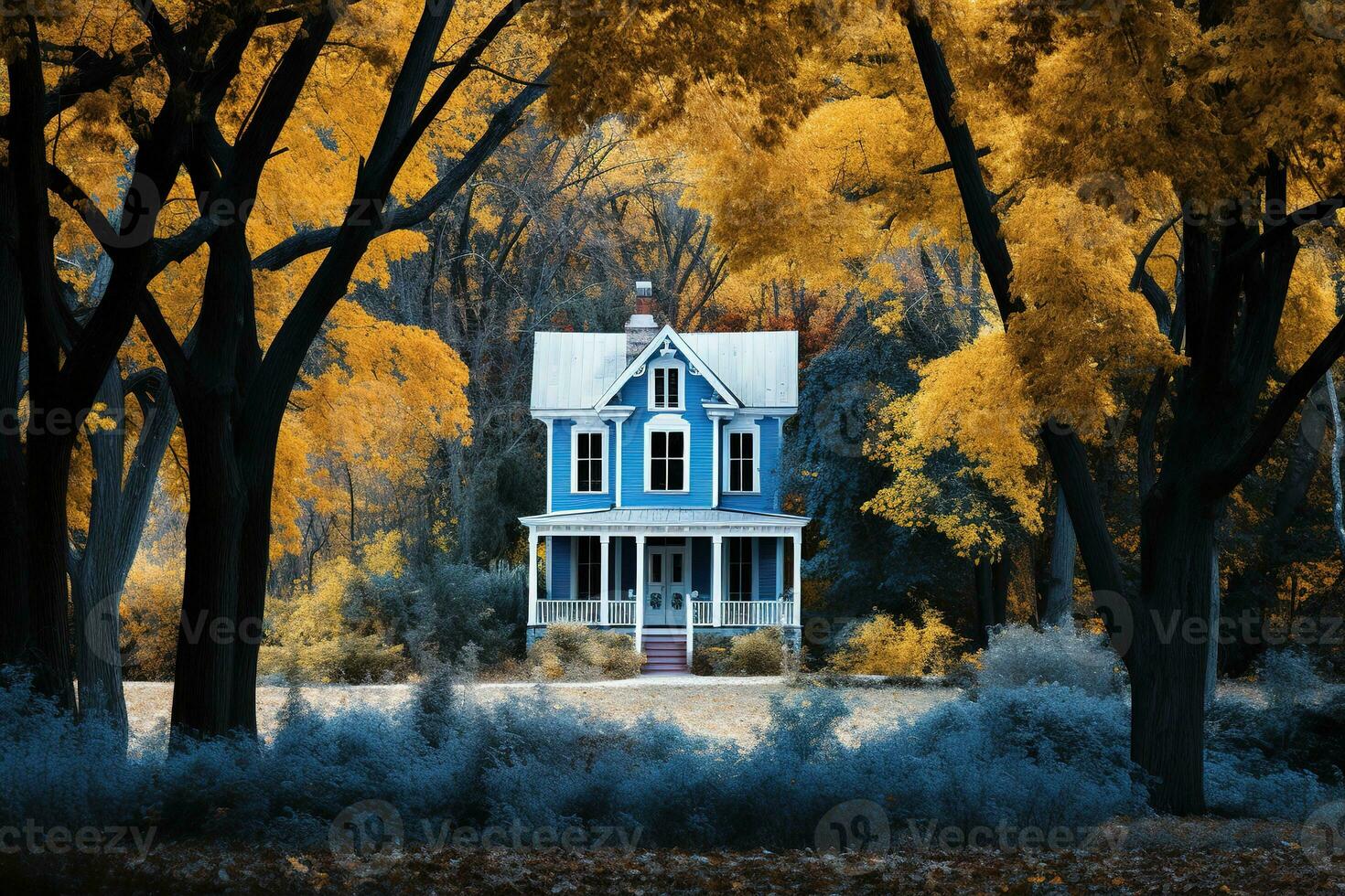 Small house in the middle of a lush fall forest. The house is surrounded by tall trees and ferns, and there is a winding path leading up to the front door. Generative AI photo