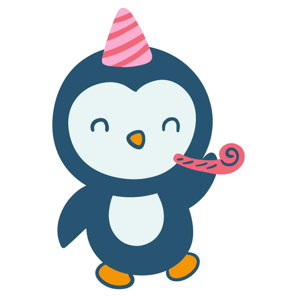 Hand drawn cute little penguin with party hat and horn cartoon illustration vector