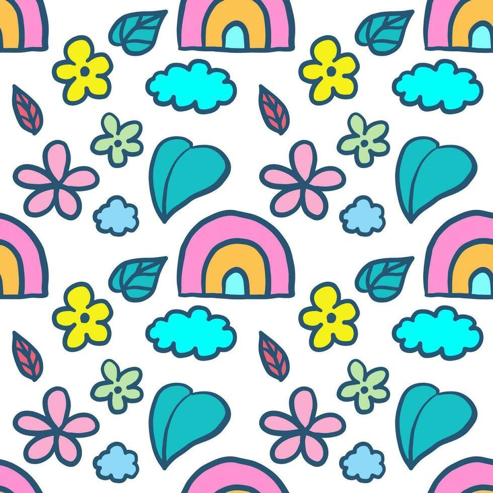 Hand drawn cute rainbows and flowers doodle cartoon illustration seamless pattern vector