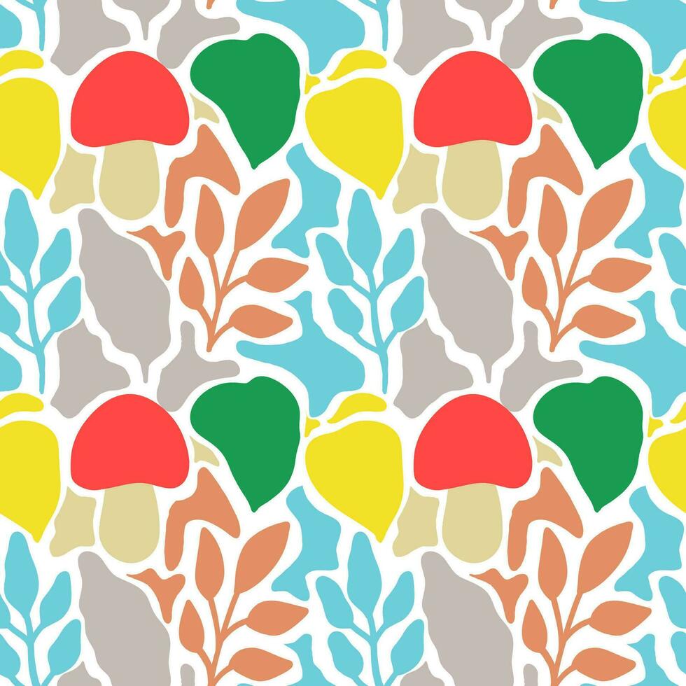 Seamless pattern with mushroom and abstract leaves and flowers vector