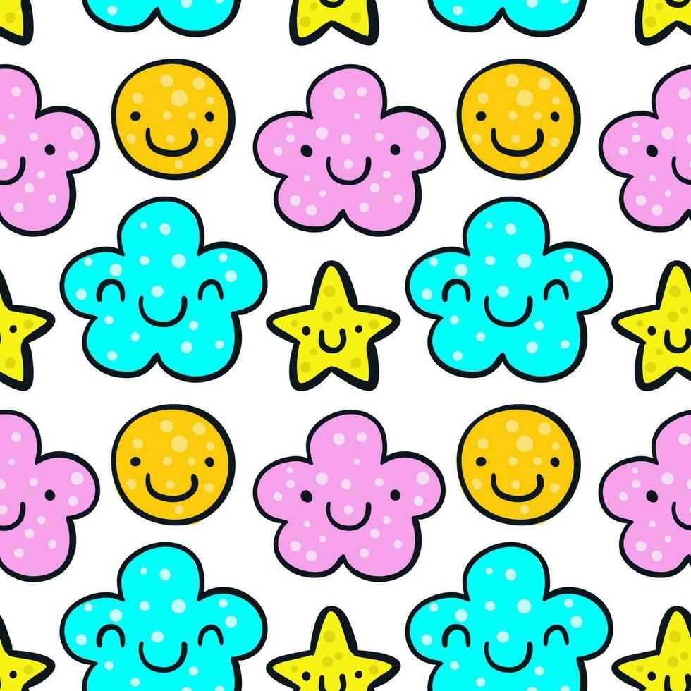 Hand drawn cute little clouds, sun and star cartoon seamless pattern vector