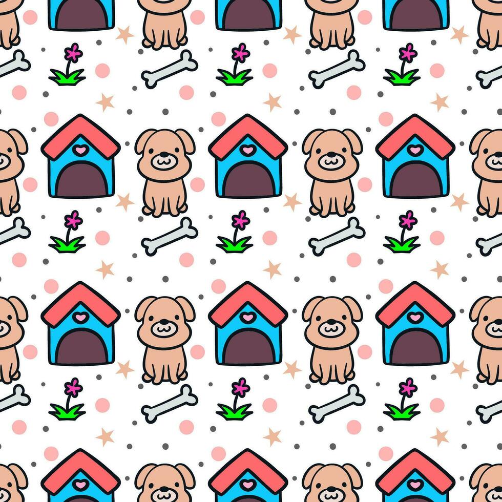 Hand drawn funny little dog with house, bone and flower cartoon seamless pattern vector