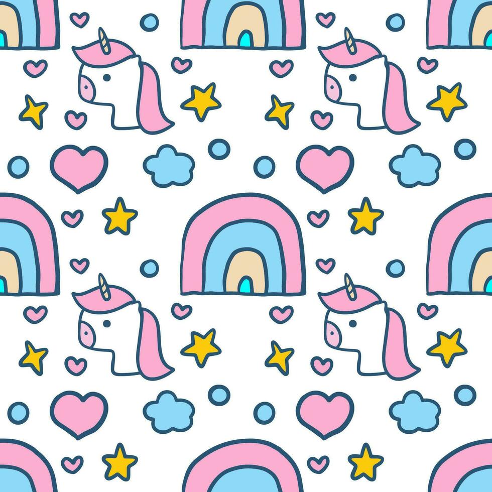 Hand drawn cute little unicorn with rainbows doodle cartoon illustration seamless pattern vector