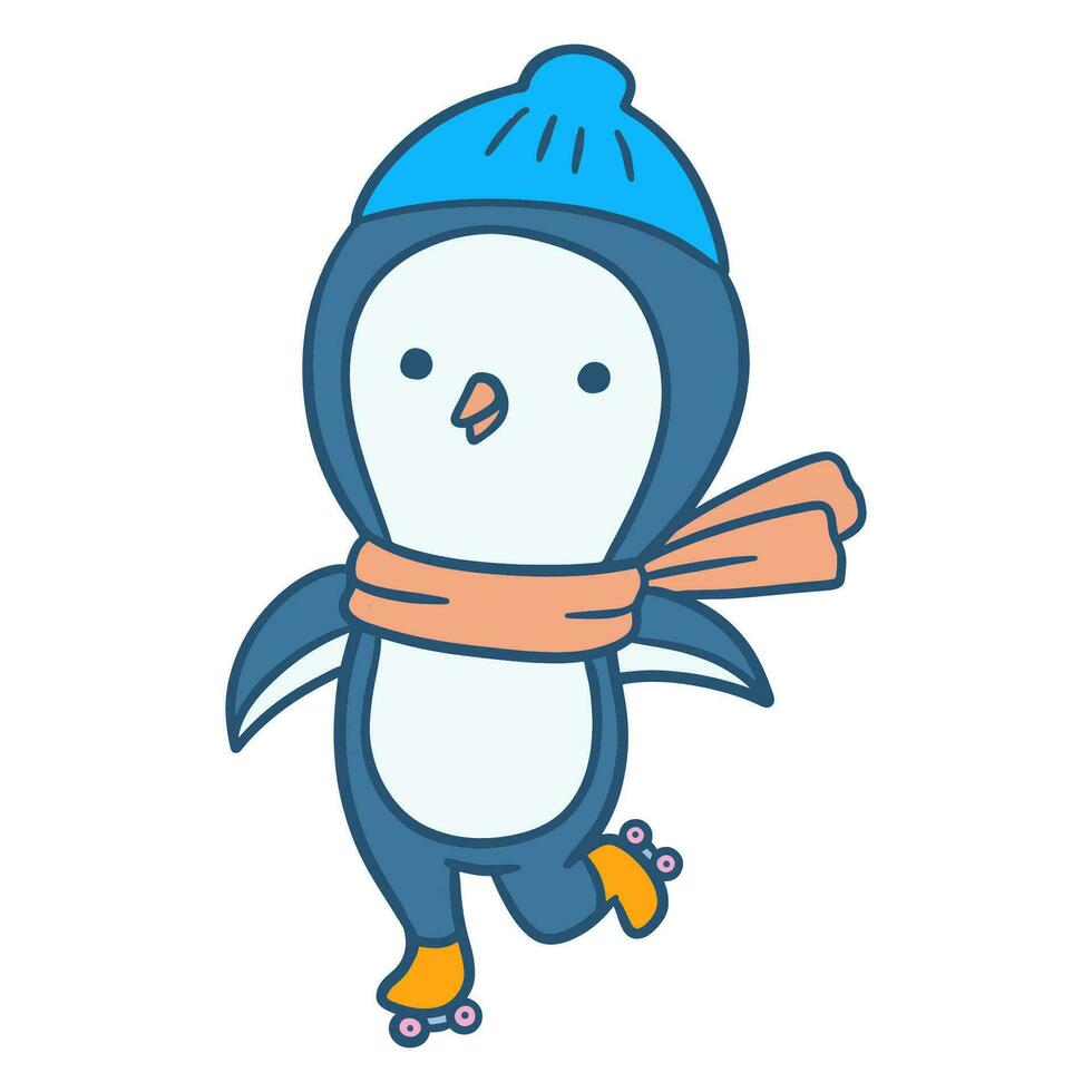 mano dibujado linda pequeño pingüino jugando rodillo patinar dibujos animados ilustración vector