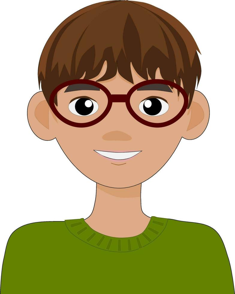 a cute boy teenager wears glasses and a green t-shirt , a boy avatar vector illustration.