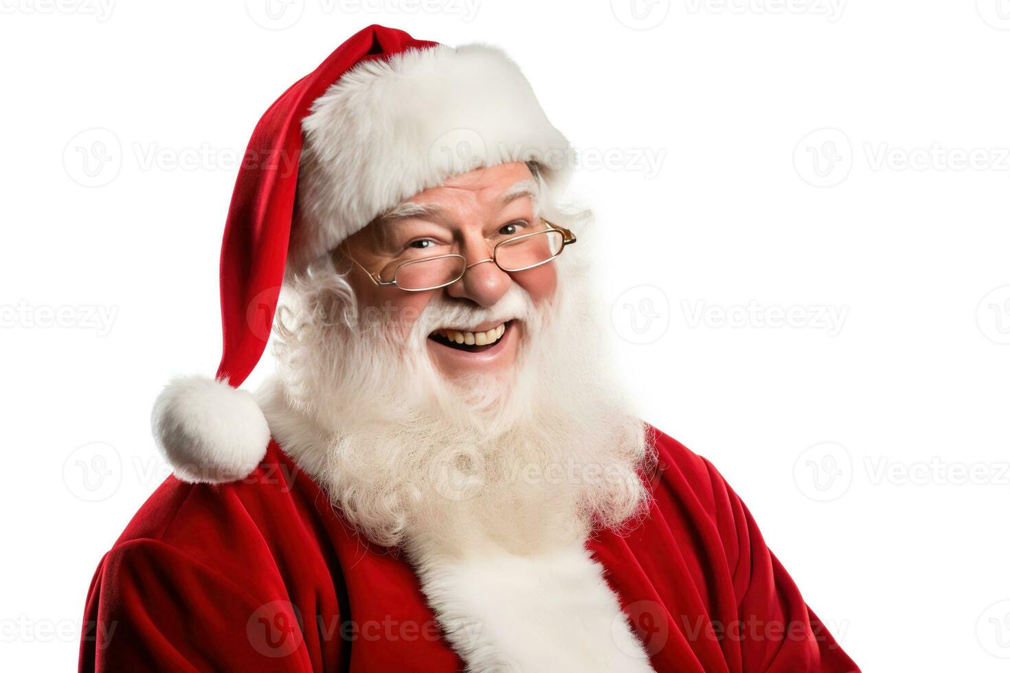 Santa Claus happy old man with white beard and mustache. He wears red suit with white fur and black belt. Generative AI photo