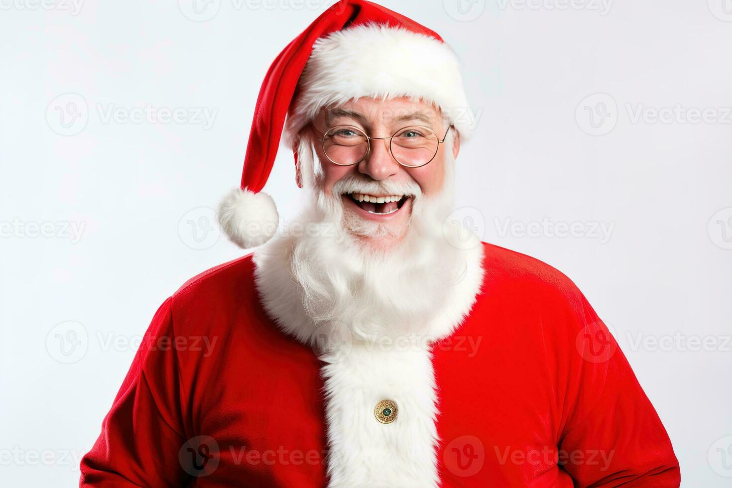 Santa Claus happy old man with white beard and mustache. He wears red suit with white fur and black belt. Generative AI photo