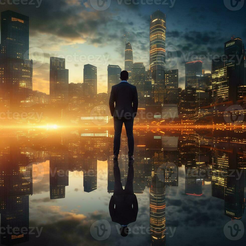 AI generated Businessman stands tall against the backdrop of a vibrant sunrise, his silhouette seamlessly blending with the towering skyscrapers of a bustling metropolis. photo