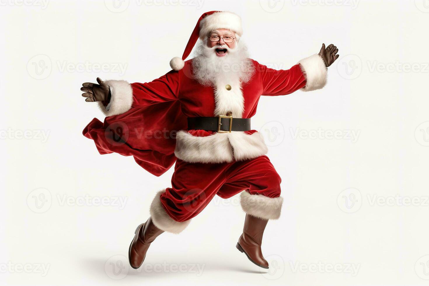 Santa Claus happy old man with white beard and mustache. He wears red suit with white fur and black belt. Generative AI photo