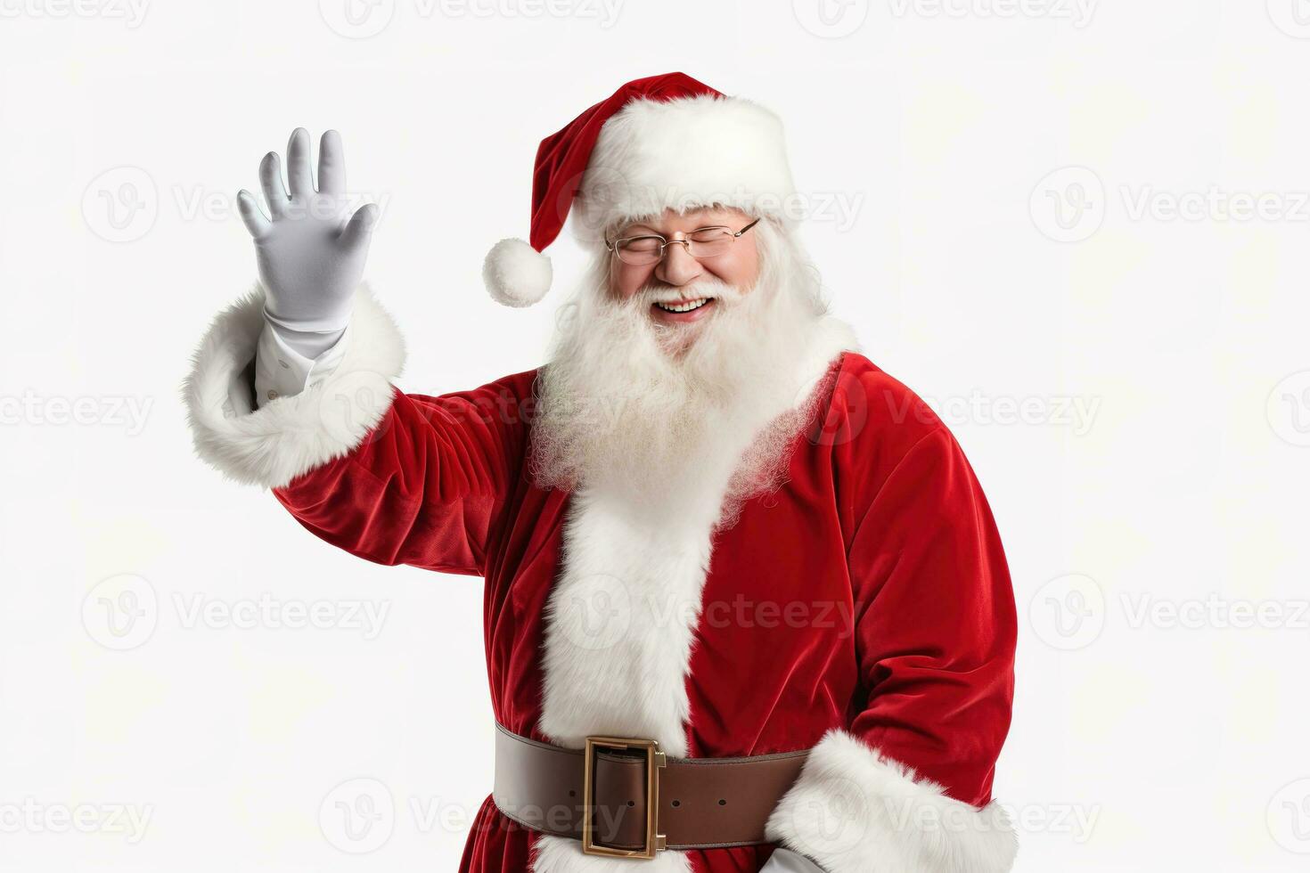 Santa Claus happy old man with white beard and mustache. He wears red suit with white fur and black belt. Generative AI photo