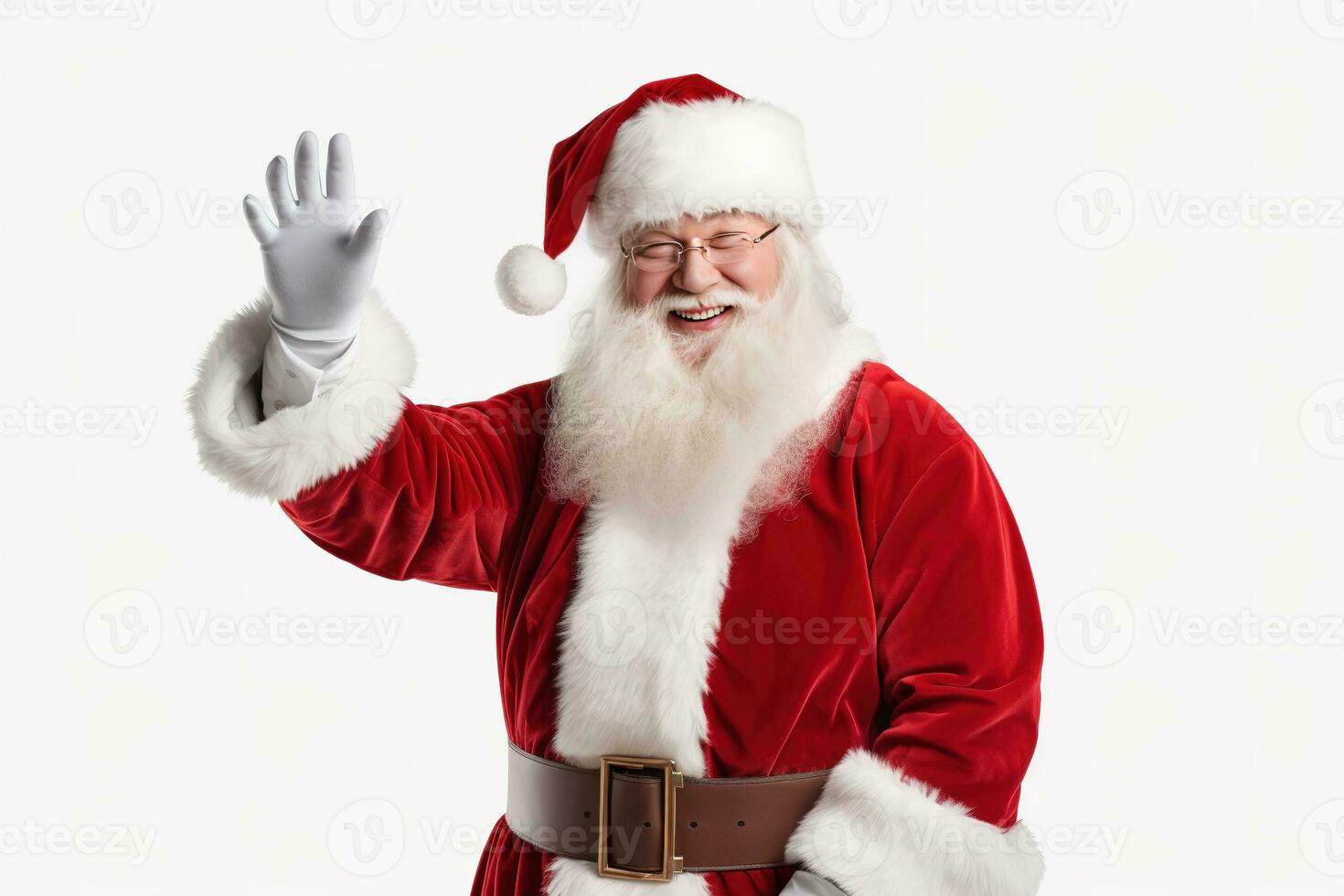 Papa Noel claus contento antiguo hombre con blanco barba y Bigote. él usa rojo traje con blanco piel y negro cinturón. generativo ai foto