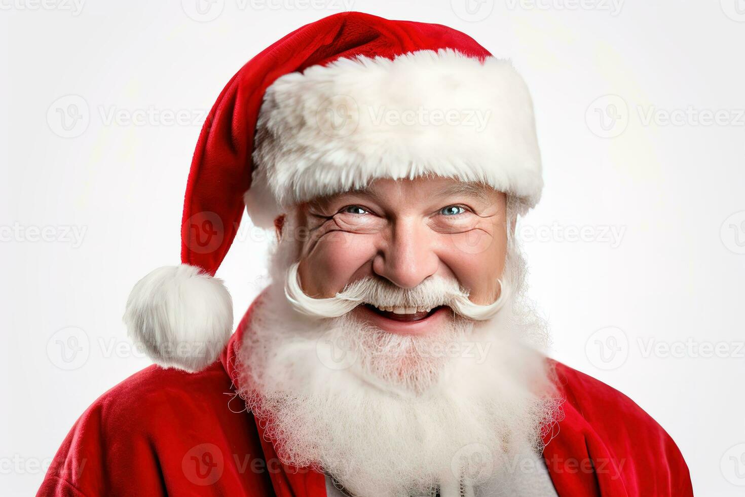 Santa Claus happy old man with white beard and mustache. He wears red suit with white fur and black belt. Generative AI photo