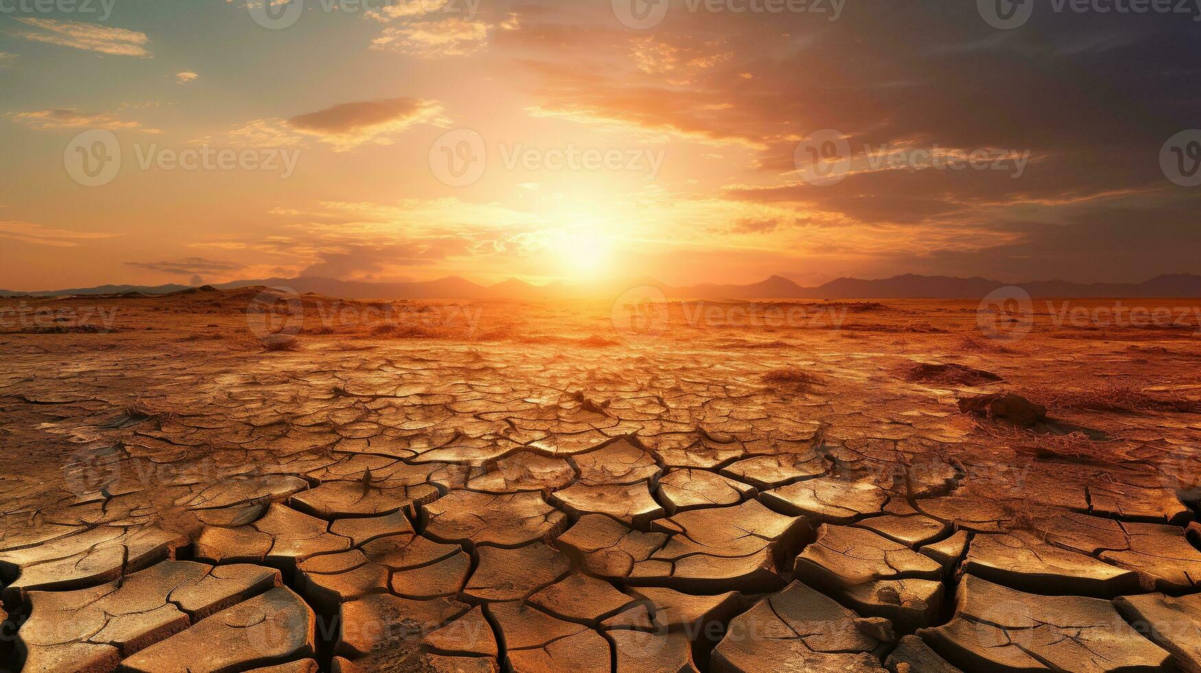 Stunning sunset over a dried out field. The golden sun casts a warm glow over the cracked earth, creating a dramatic and beautiful scene. Generative AI photo