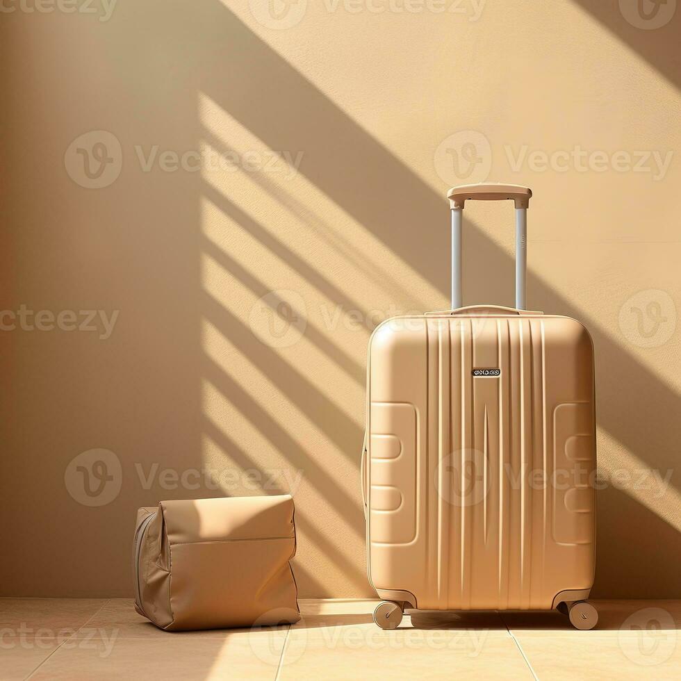 Beige suitcase sits on floor, casting a shadow against the wall. Generative AI photo