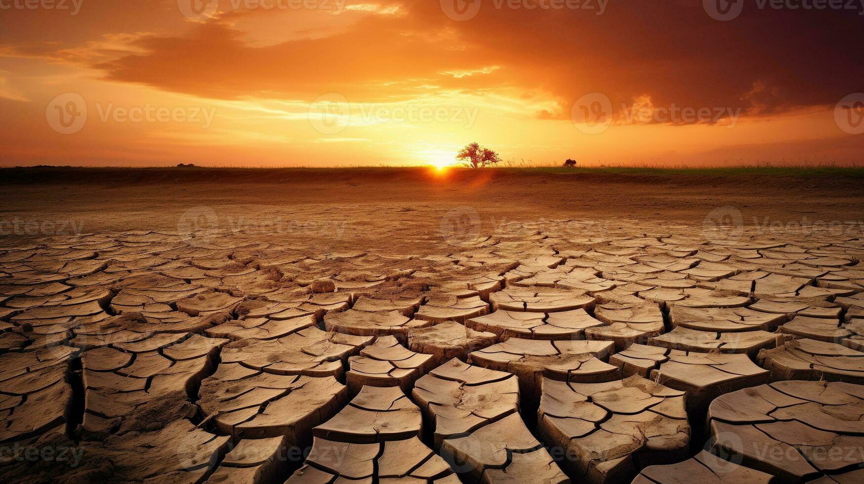 Stunning sunset over a dried out field. The golden sun casts a warm glow over the cracked earth, creating a dramatic and beautiful scene. Generative AI photo