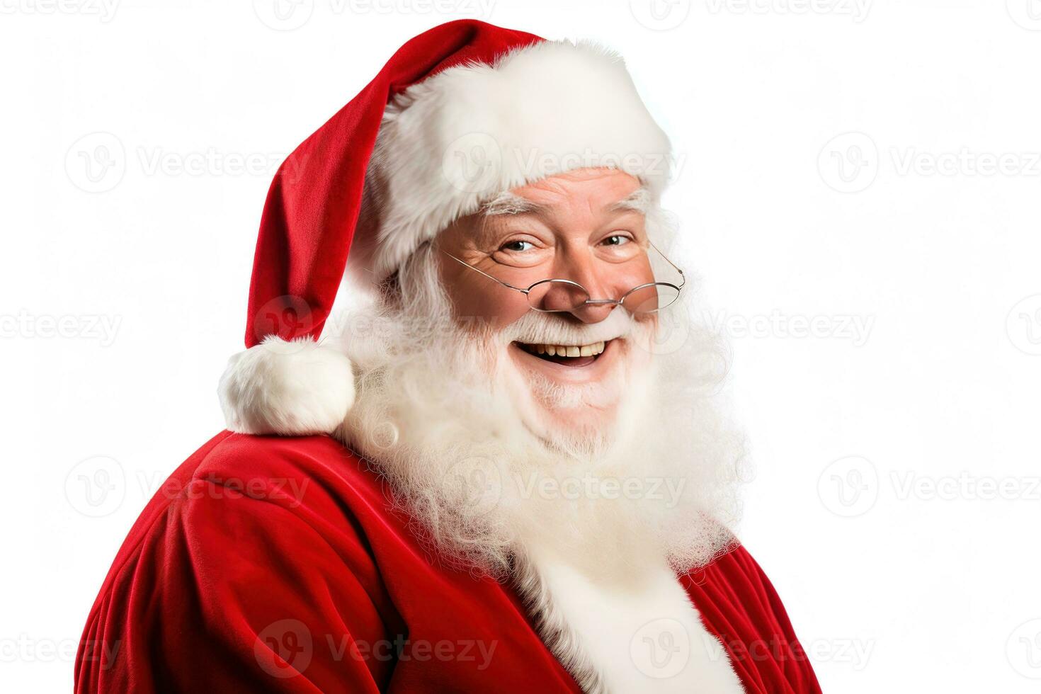 Santa Claus happy old man with white beard and mustache. He wears red suit with white fur and black belt. Generative AI photo