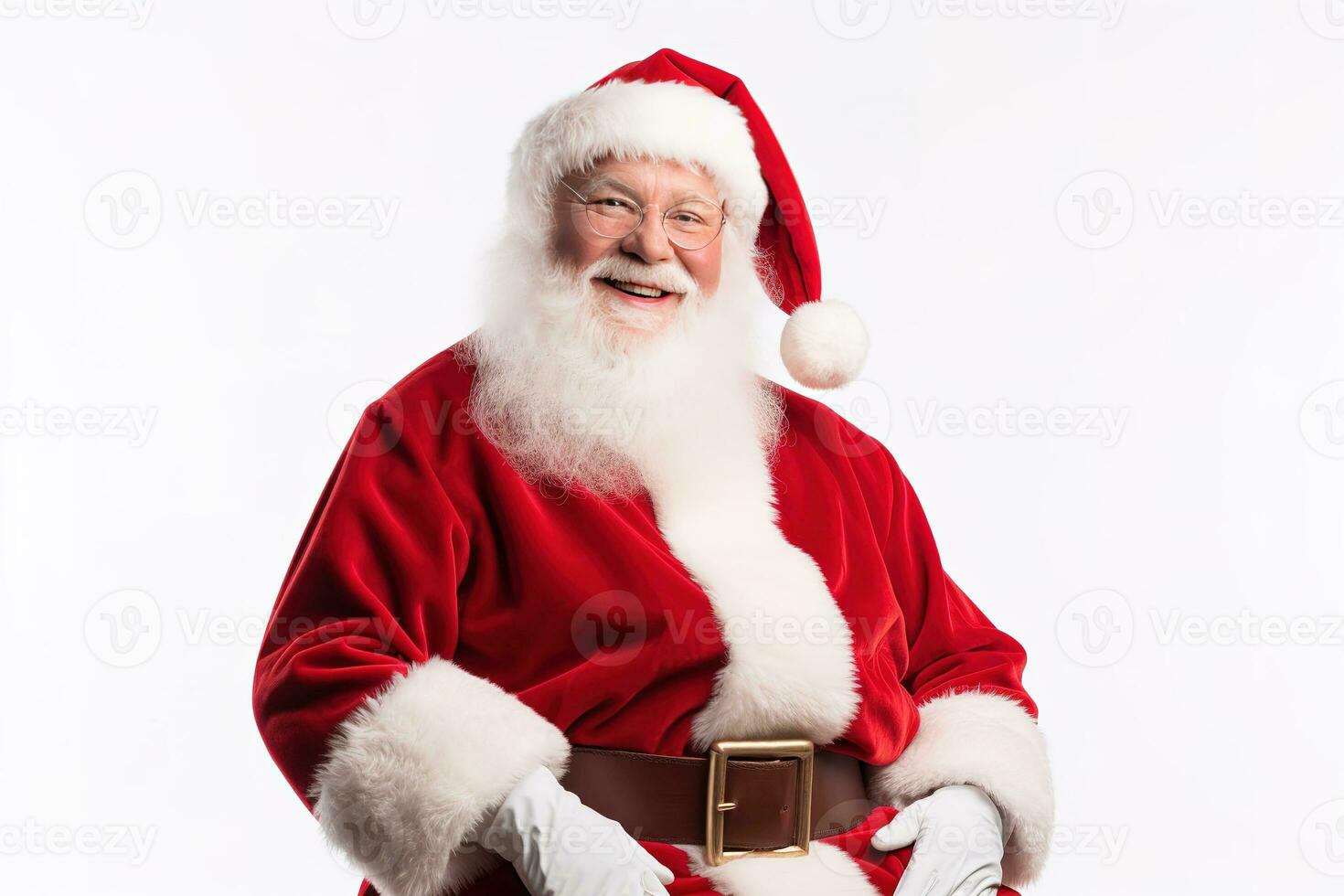 Santa Claus happy old man with white beard and mustache. He wears red suit with white fur and black belt. Generative AI photo