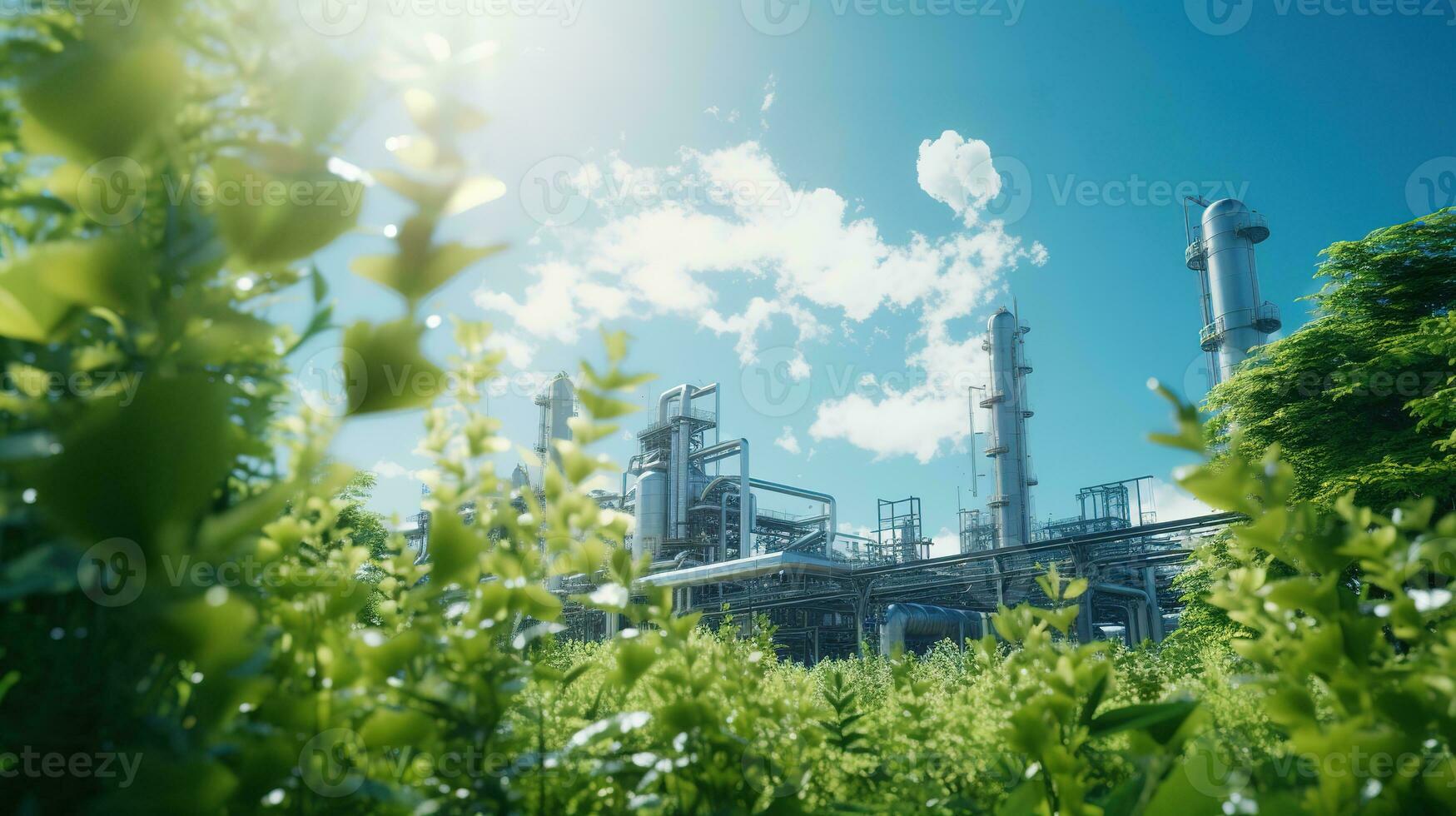 Chemical industrial plant surrounded by green trees and blue sky on a summer day. photo