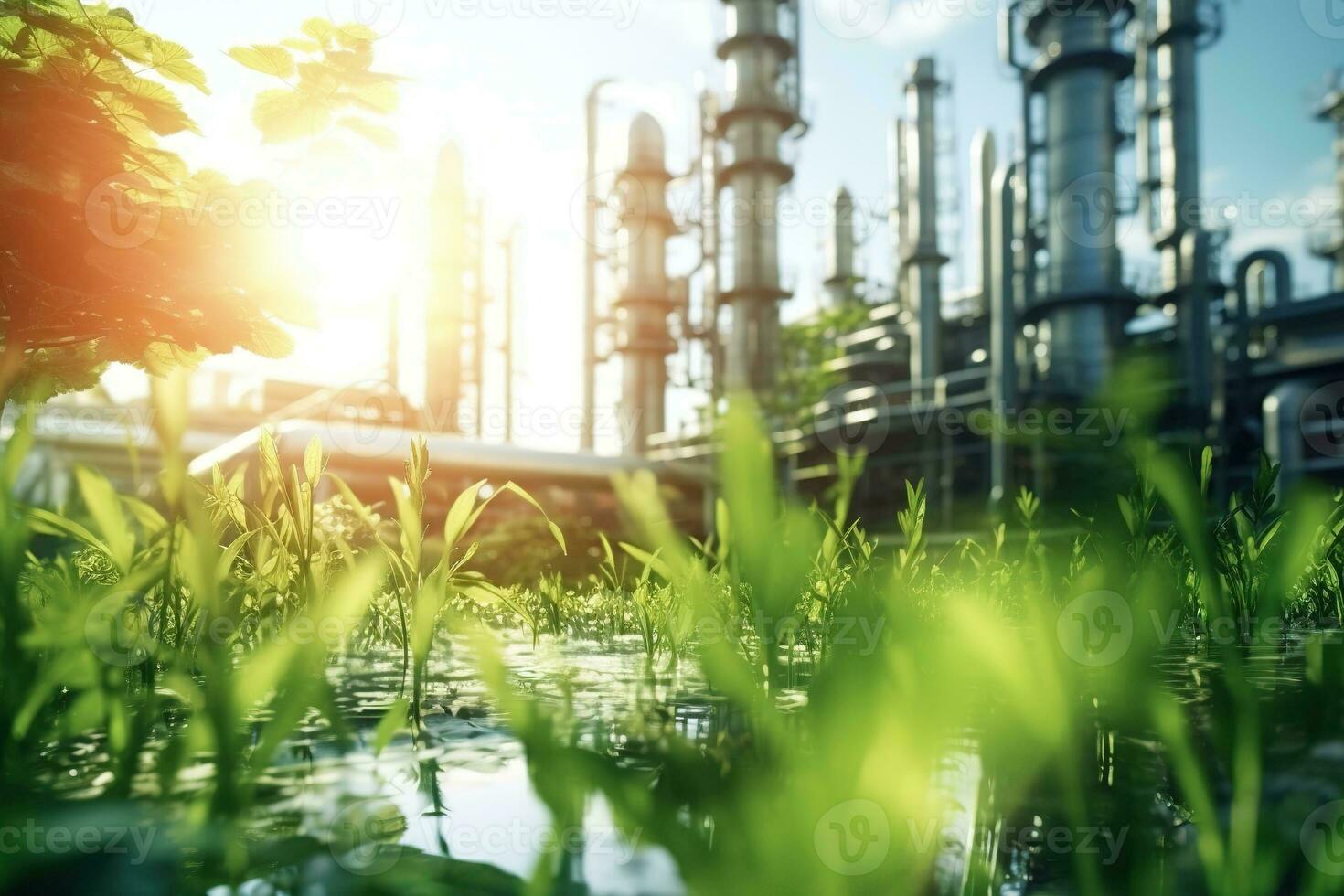 Chemical industrial plant surrounded by green trees and blue sky on a summer day. photo