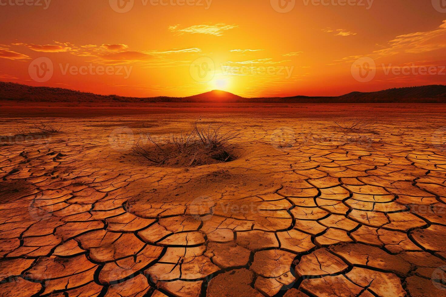 Stunning sunset over a dried out field. The golden sun casts a warm glow over the cracked earth, creating a dramatic and beautiful scene. Generative AI photo