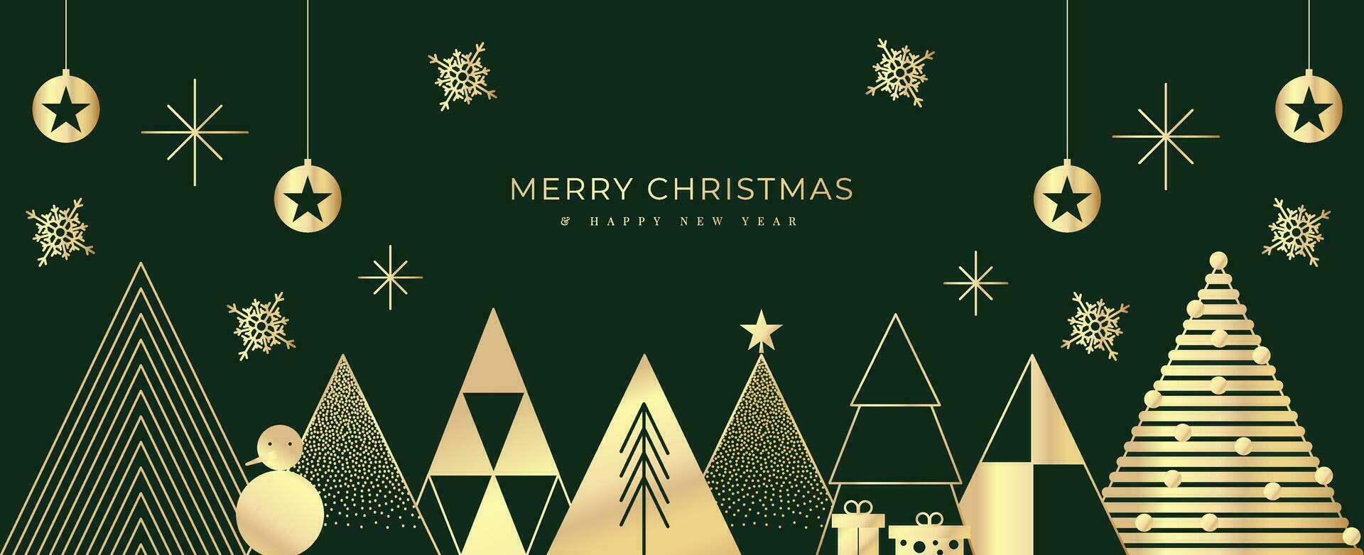 Luxury christmas and happy new year concept background vector. Elegant gradient white hanging bauble balls, gold snowflake, pine on dark green background. Design for wallpaper, card, cover, poster. vector