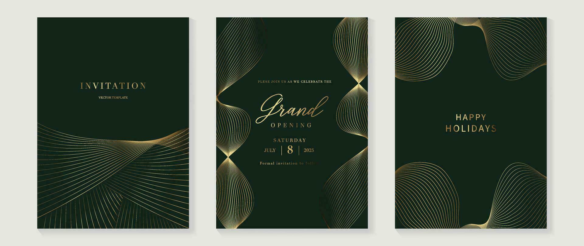 Luxury invitation card background vector. Golden elegant geometric pattern, gold line on dark green background. Premium design illustration for wedding and vip cover template, grand opening, gala. vector