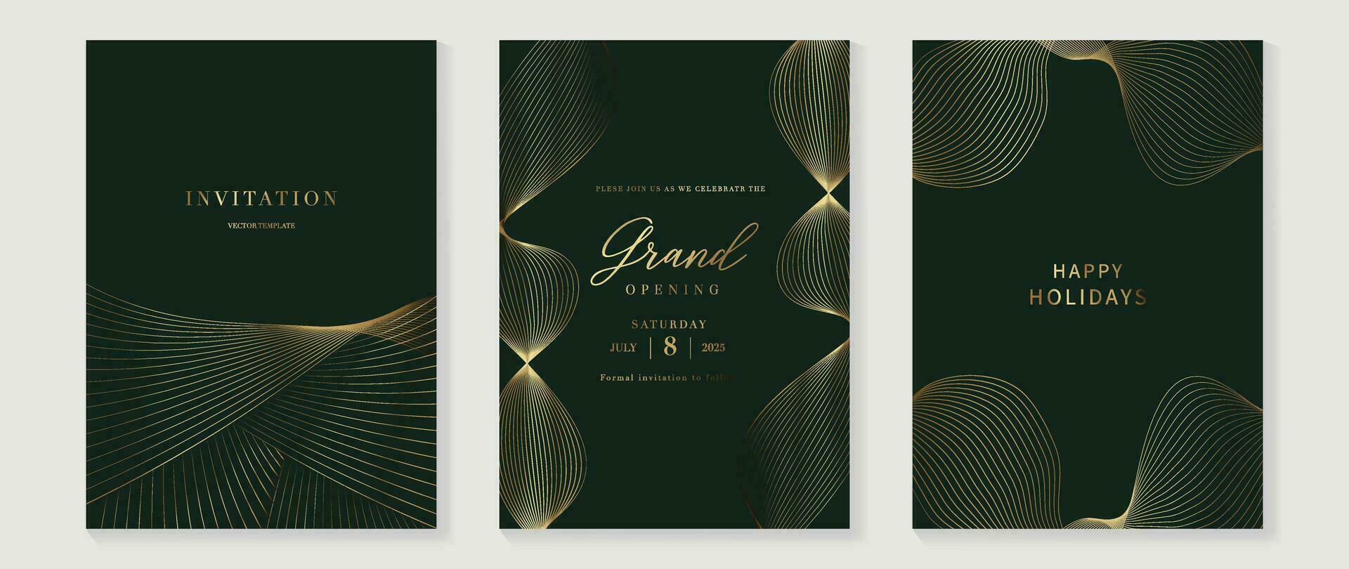 lujo invitación tarjeta antecedentes vector. dorado elegante geométrico patrón, oro línea en oscuro verde antecedentes. prima diseño ilustración para Boda y VIP cubrir plantilla, grandioso apertura, gala. vector