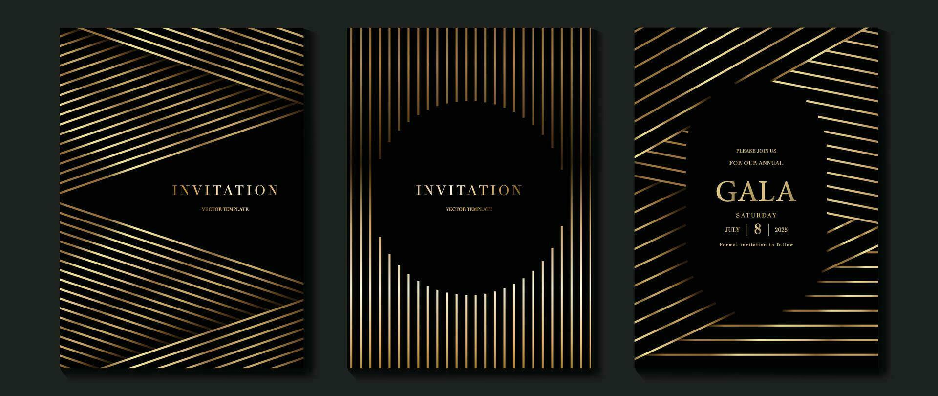 lujo invitación tarjeta antecedentes vector. dorado elegante geométrico patrón, degradado oro línea en oscuro antecedentes. prima diseño ilustración para Boda y VIP cubrir plantilla, grandioso apertura, gala. vector