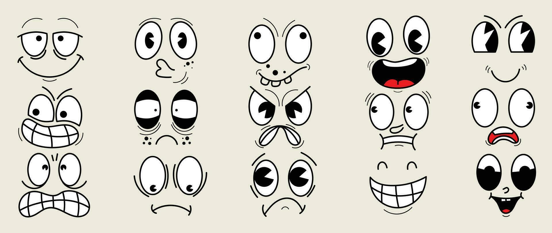 Set of 70s groovy comic faces vector. Collection of cartoon character faces, in different emotions, happy, angry, sad, cheerful. Cute retro groovy hippie illustration for decorative, sticker. vector