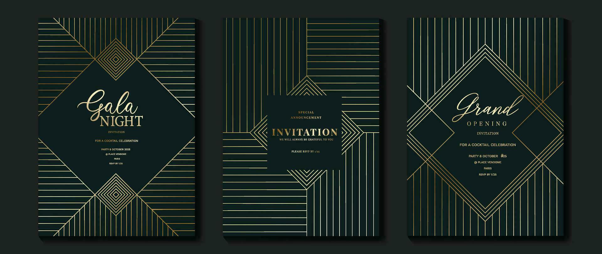 Luxury invitation card background vector. Golden elegant geometric pattern, gold line on dark blue background. Premium design illustration for wedding and vip cover template, grand opening, gala. vector