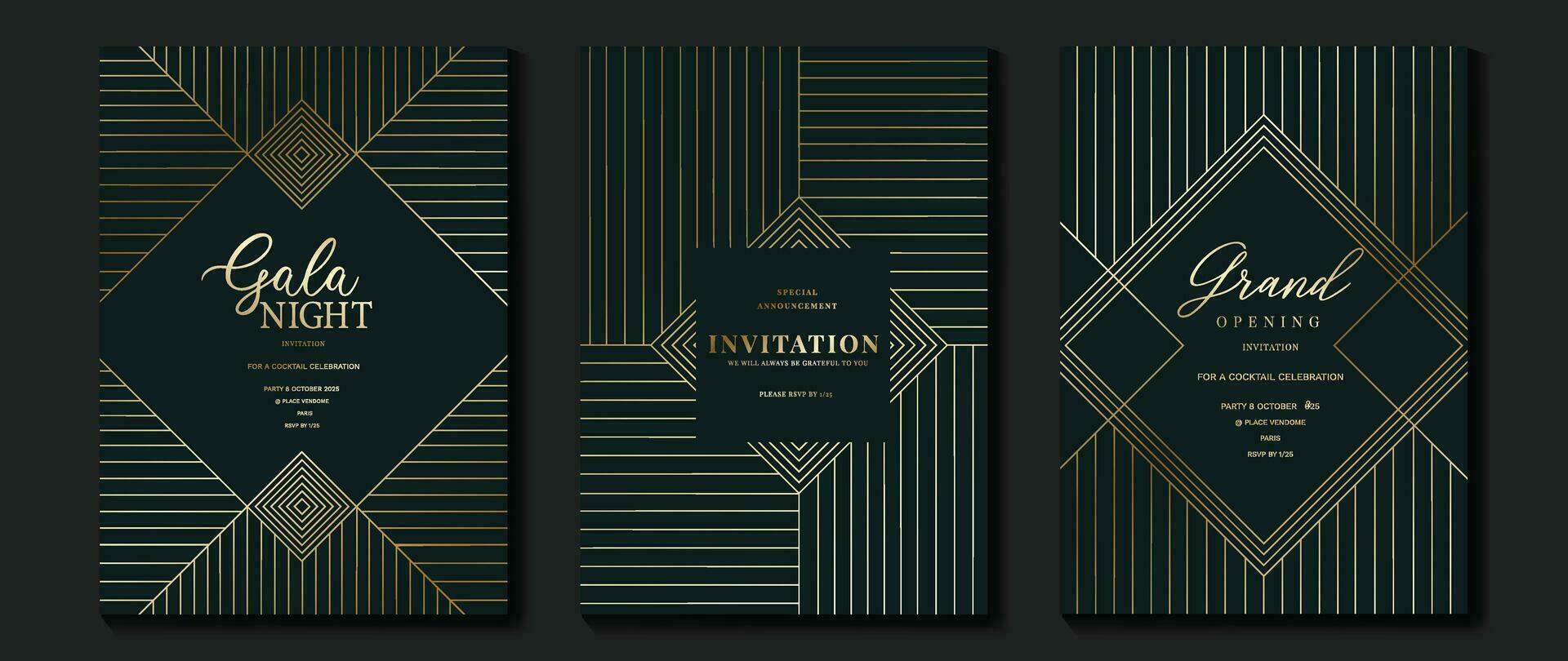 lujo invitación tarjeta antecedentes vector. dorado elegante geométrico patrón, oro línea en oscuro azul antecedentes. prima diseño ilustración para Boda y VIP cubrir plantilla, grandioso apertura, gala. vector