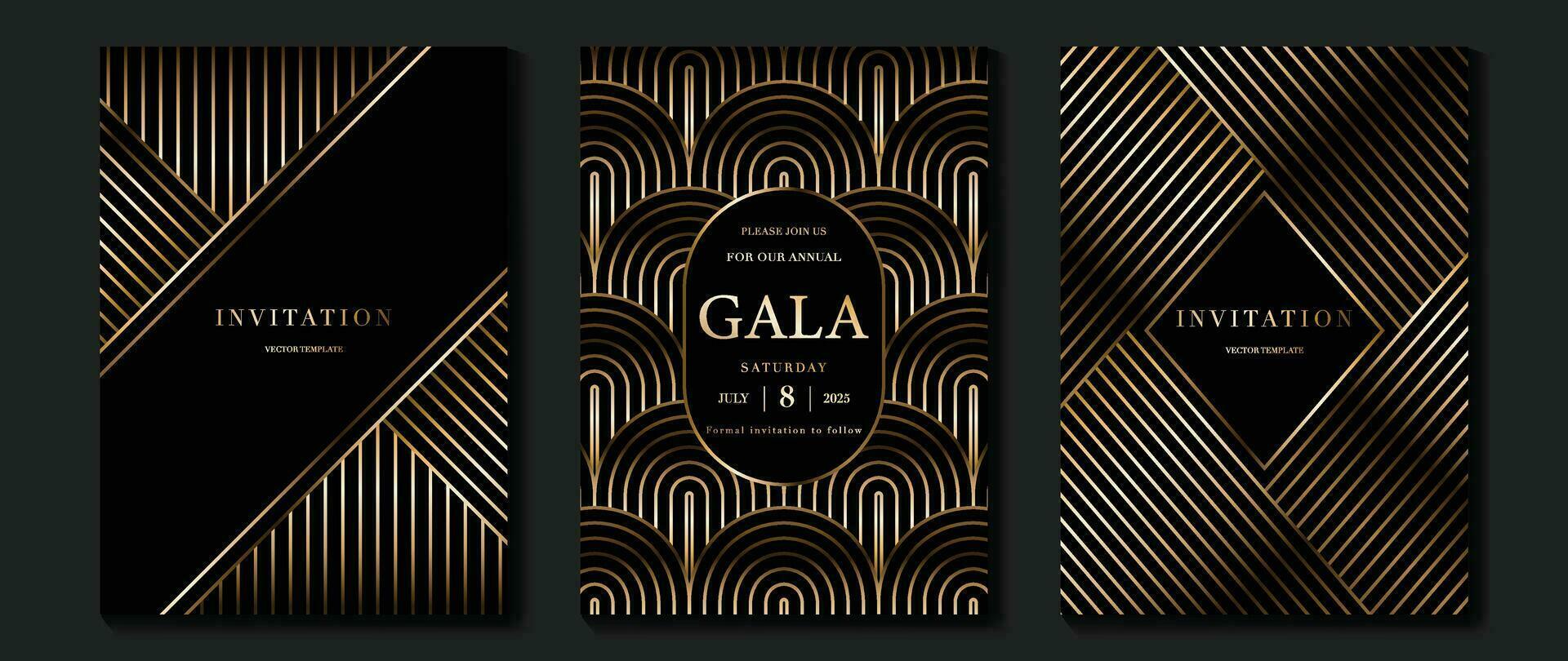 Luxury invitation card background vector. Golden elegant geometric pattern, gradient gold line on dark background. Premium design illustration for wedding and vip cover template, grand opening, gala. vector