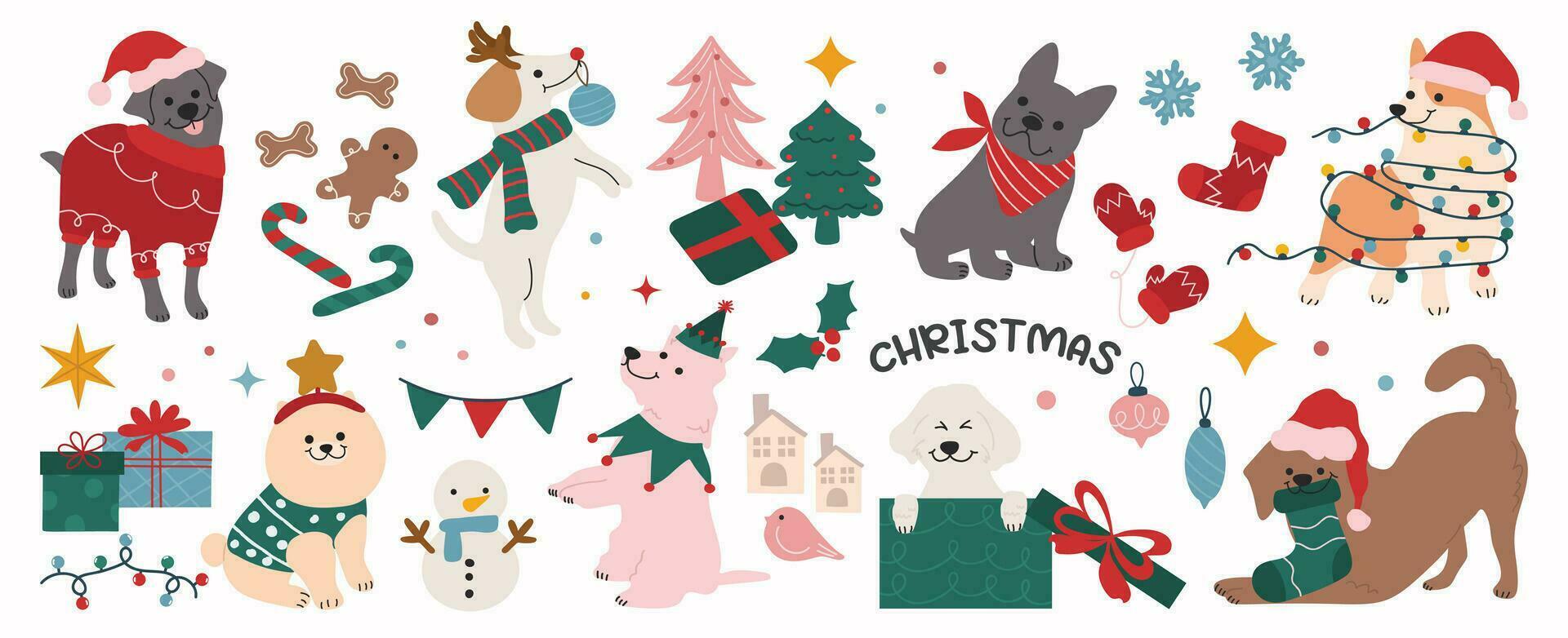 alegre Navidad y contento nuevo año concepto antecedentes vector. colección dibujo de linda perros con decorativo bufanda, cinta, sombrero. diseño adecuado para bandera, invitación, tarjeta, saludo, bandera, cubrir. vector