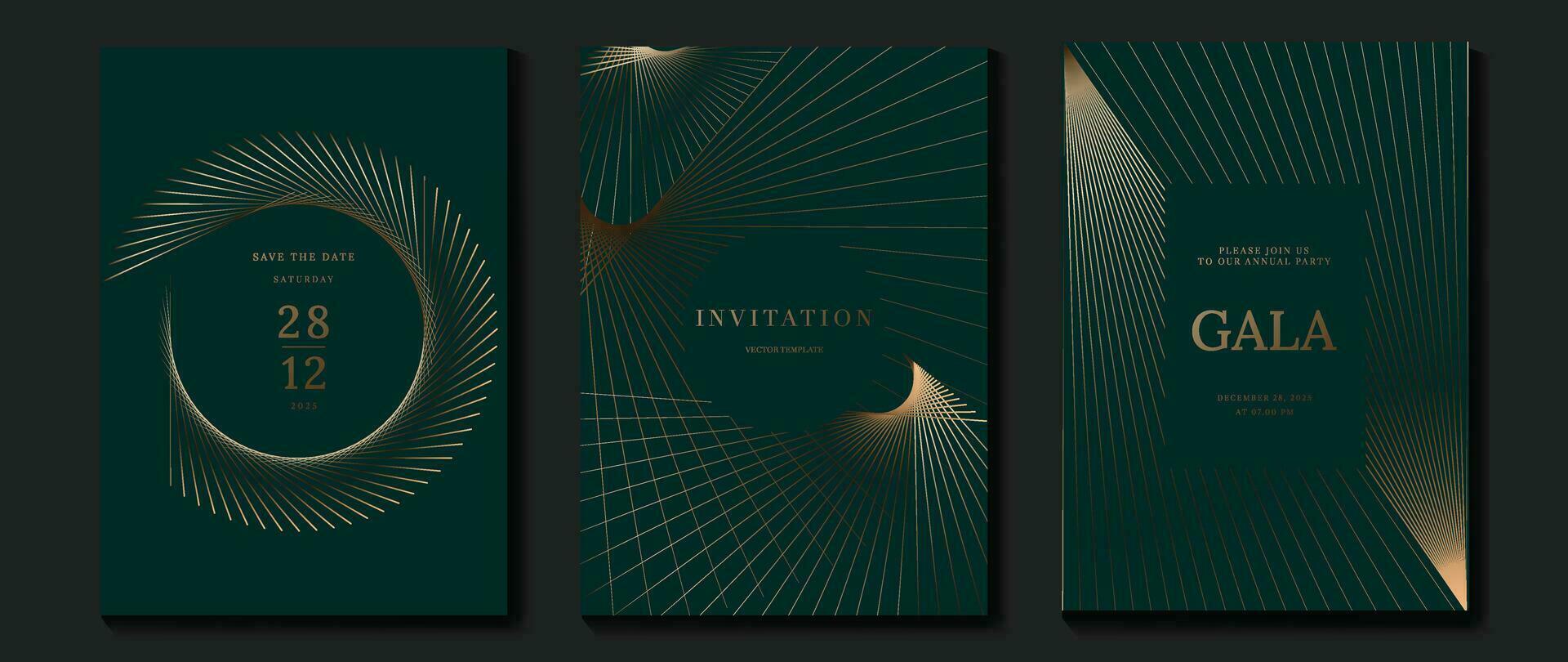 Luxury invitation card background vector. Golden elegant geometric pattern, gold line on dark green background. Premium design illustration for wedding and vip cover template, grand opening, gala. vector