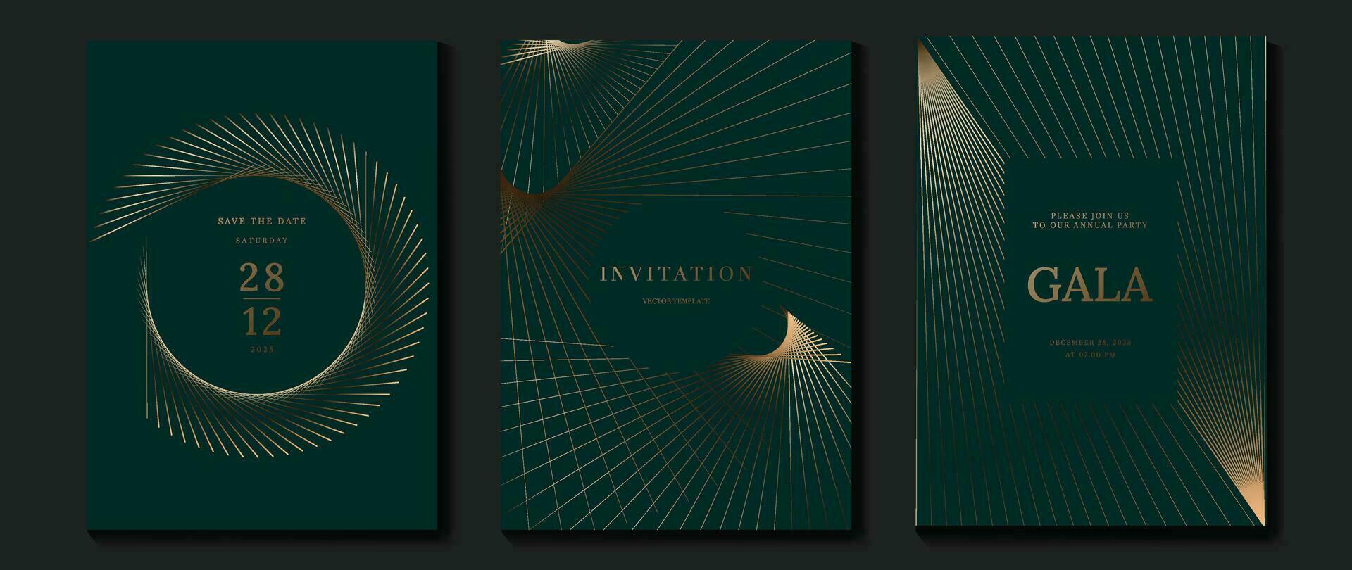 lujo invitación tarjeta antecedentes vector. dorado elegante geométrico patrón, oro línea en oscuro verde antecedentes. prima diseño ilustración para Boda y VIP cubrir plantilla, grandioso apertura, gala. vector